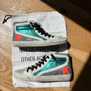 Golden Goose High Top Slide Metallic Leather Sneakers, size 38EU, 8US.